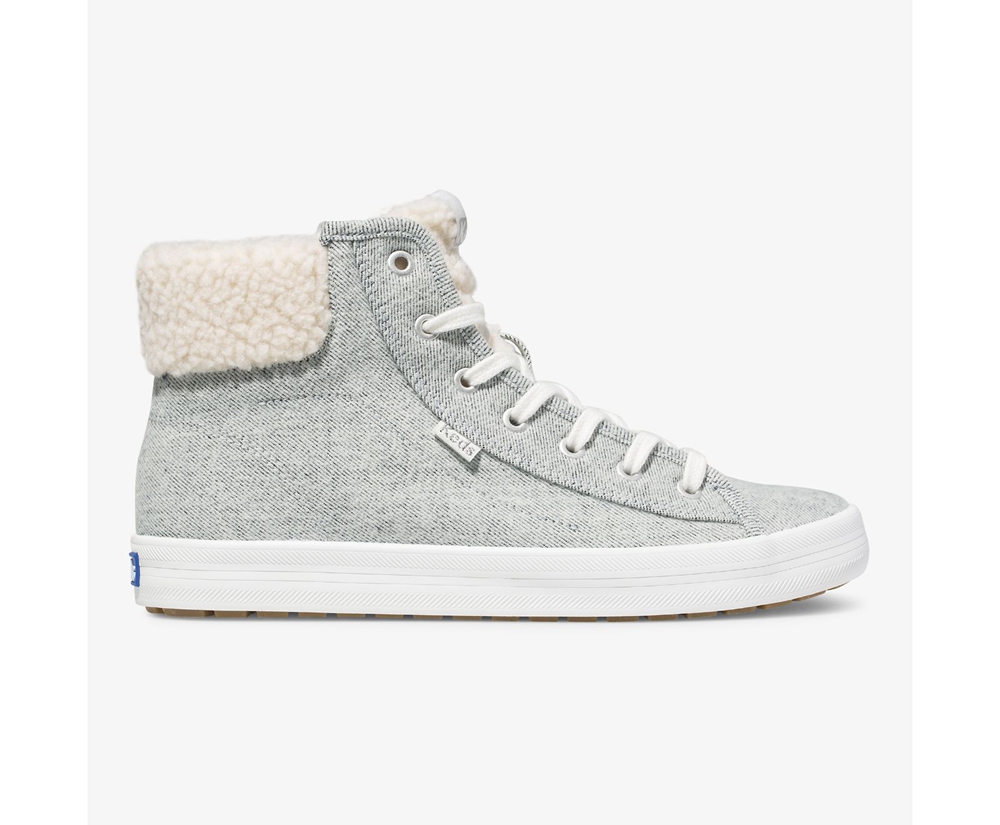 Keds Sneakers Grey - Kickstart Hi TRX Brushed Denim Faux Shearling - Womens NOHWIQ-982